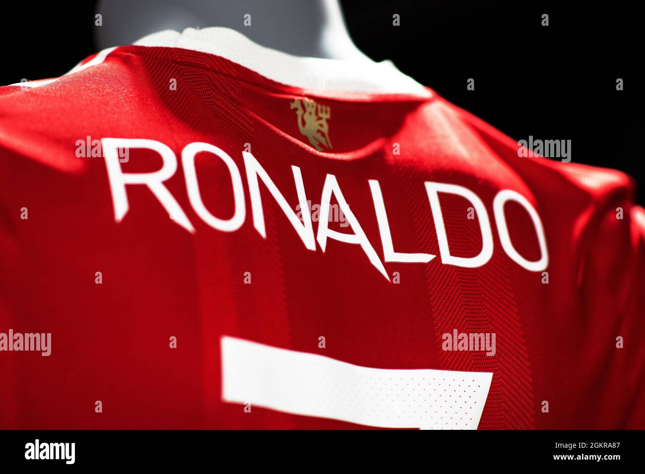 Close up of Manchester United kit with Ronaldo 7 print. Stock Photo