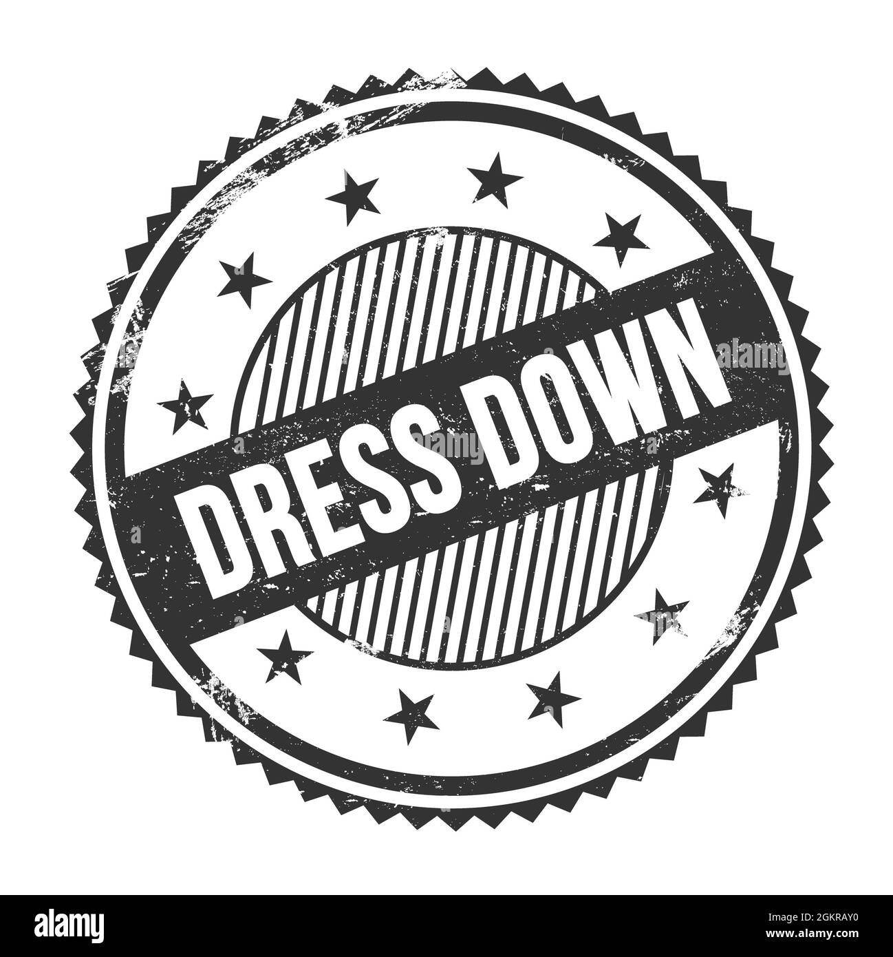 DRESS DOWN text written on black grungy zig zag borders round stamp