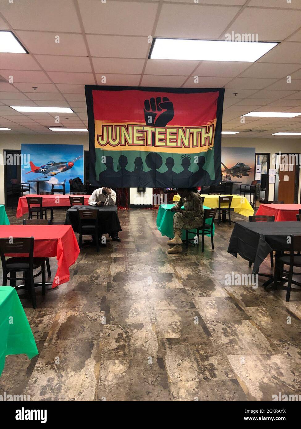 A banner hangs decorating the space where the Taste of Soul Juneteenth Celebration was held at Sheppard Air Force Base, Texas, June 18, 2021. Juneteenth was recognized as a federal holiday on June 17, 2021 when president Joe Biden signed the Juneteenth National Independence Day Act into law. Juneteenth celebrates the day when Major General Gordon Granger enacted General Order No. 3, informing people in Texas that slaves were emancipated. Stock Photo