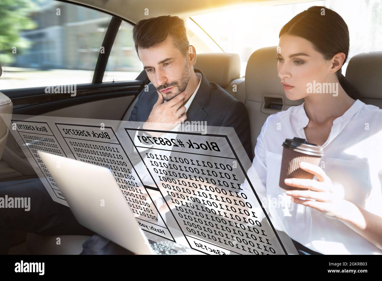 Modern concentrated successful european millennial business man and woman are pondering investment Stock Photo