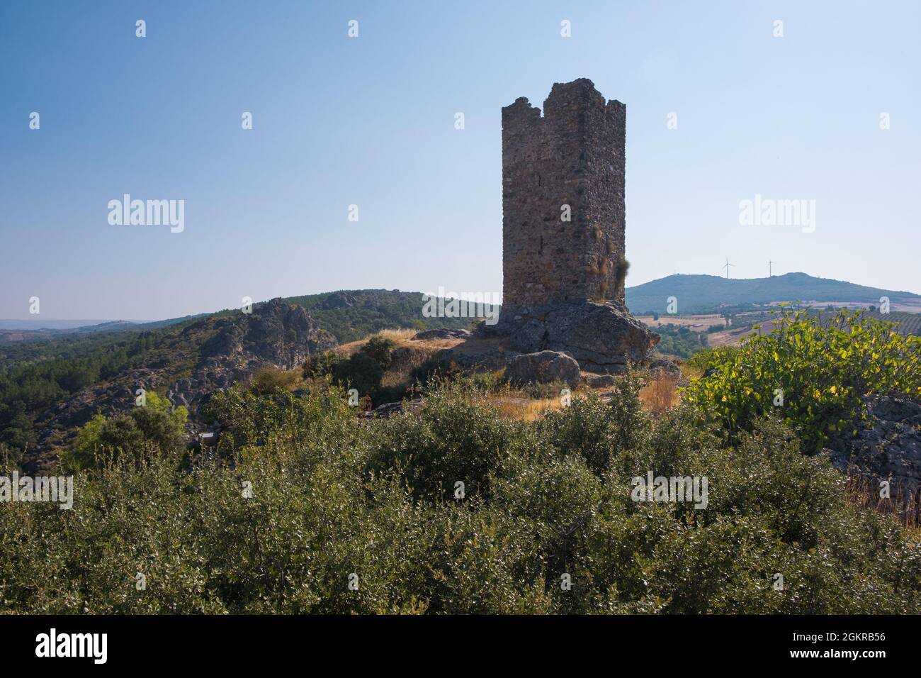 Mogadouro, Portugal - August 27, 2021 : Former castle of the Order of the Templars in the region of Trás os Montes and Alto Douro, Braganca District, Stock Photo