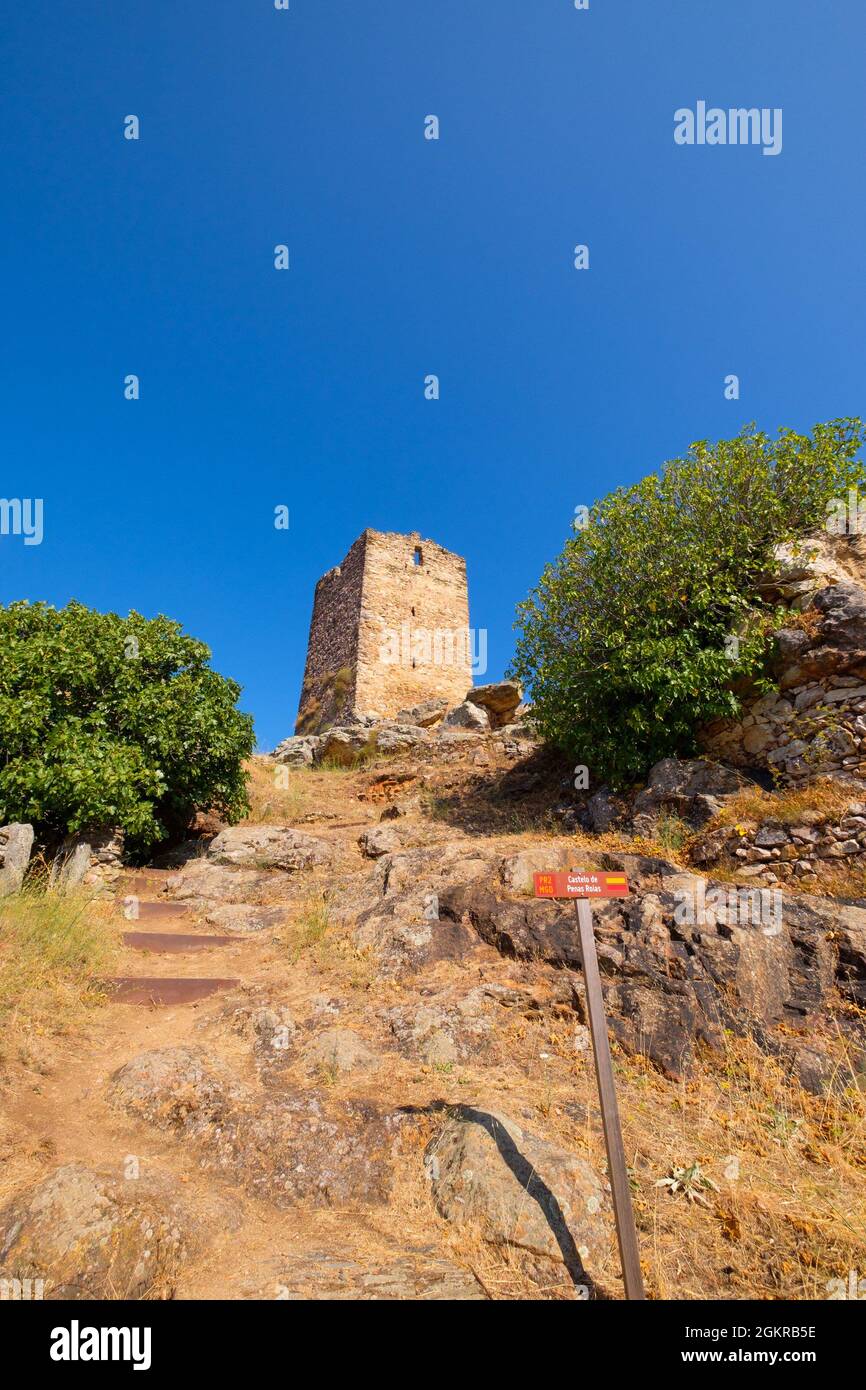 Mogadouro, Portugal - August 27, 2021 : Former castle of the Order of the Templars in the region of Trás os Montes and Alto Douro, Braganca District, Stock Photo