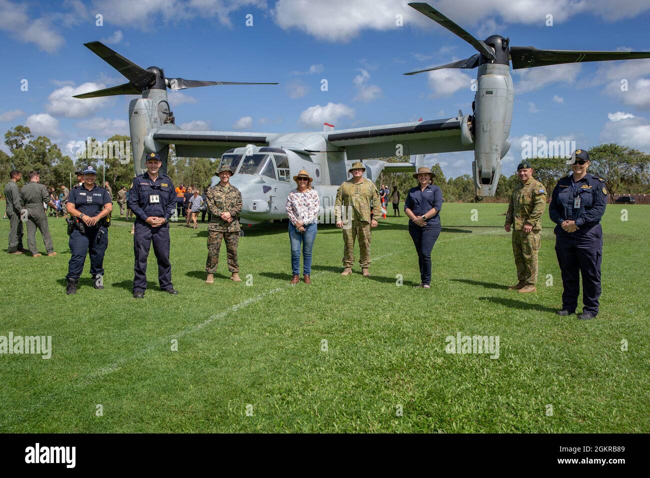From left to right: Senior Aboriginal Police Officer Natasha Gregory; Border Force Officer Nigel Tait; U.S. Marine Corps Col. David M. Banning, commanding officer of Marine Rotational Force – Darwin; Ali Mills, chief executive officer of the Nhulunbuy Corporation; Australian Army Col. Marcus Constable, commanding officer of Headquarters Northern Command; Sophie Szylkarski, manager of communities and social performance – Gove Operations with Rio Tinto; Australian Army Lt. Col. Dan Gosling, operations officer with HQ NORCOM; and Senior Border Force Officer Carolyn McDonald take a group photo in Stock Photo