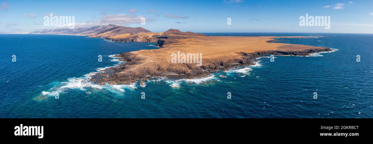 Aerial panoramic view of Punta Pesebre and Punta Jandia, southernmost headlands of Fuerteventura, Canary Islands, Spain, Atlantic, Europe Stock Photo