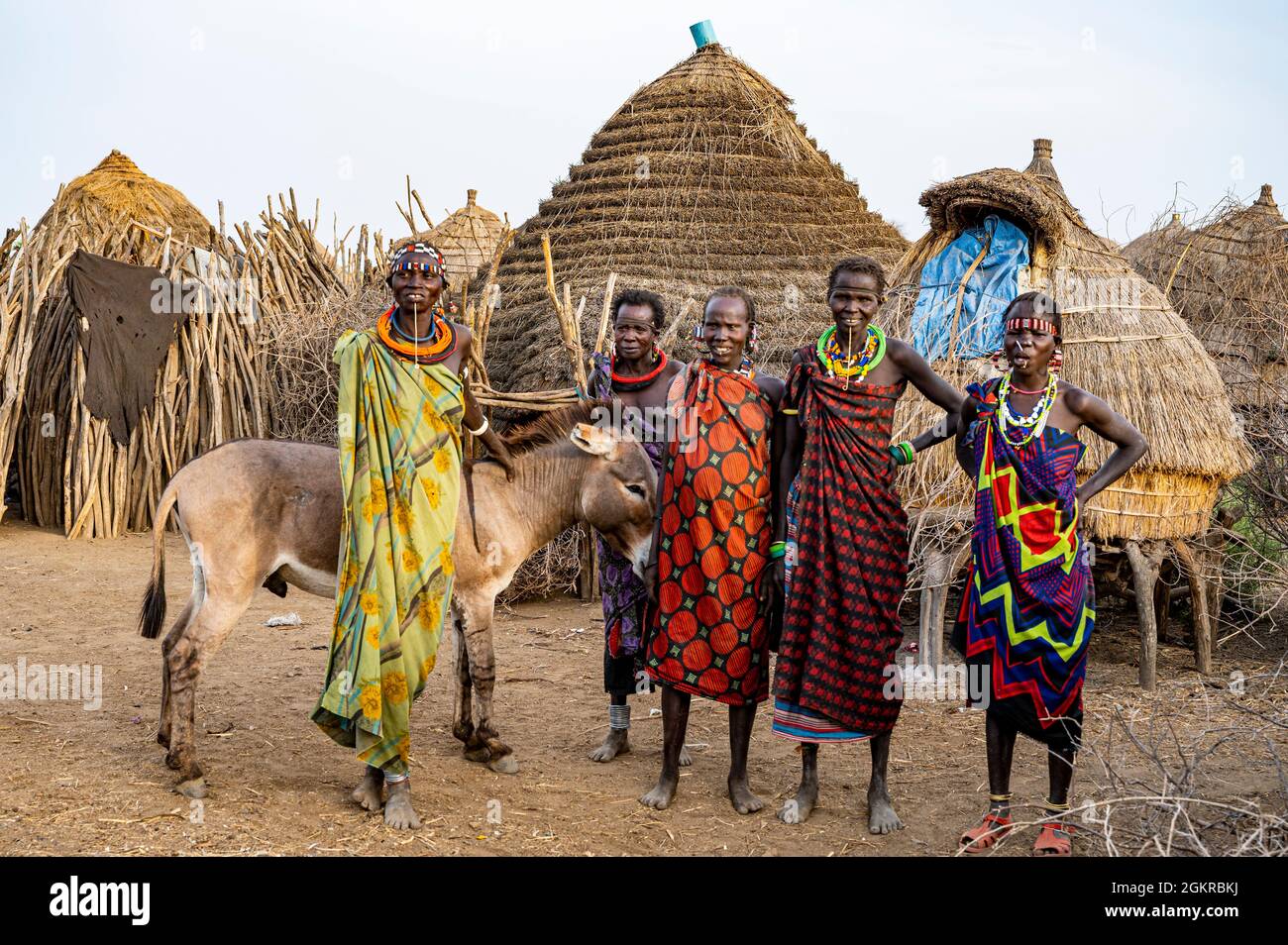 Women with a donkey in front of their hut, Jiye tribe, Eastern Equatoria State, South Sudan, Africa Stock Photo