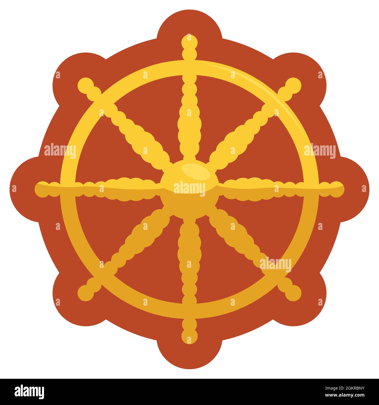 Isolated golden wheel of dharma -or dharmachakra- symbol with bold orange outline, over white background. Stock Vector