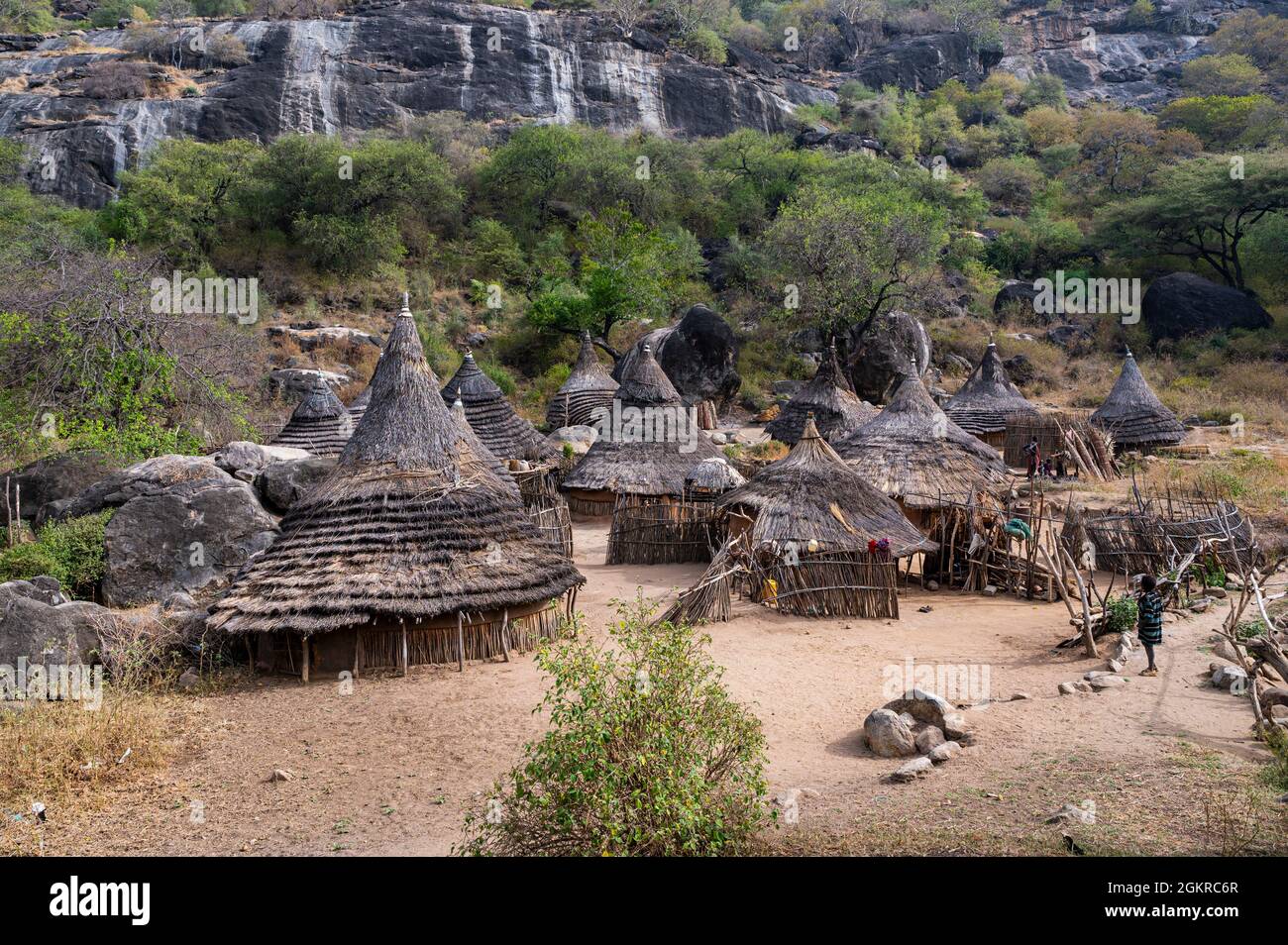 Traditional village huts of the Laarim tribe, Boya Hills, Eastern Equatoria, South Sudan Stock Photo