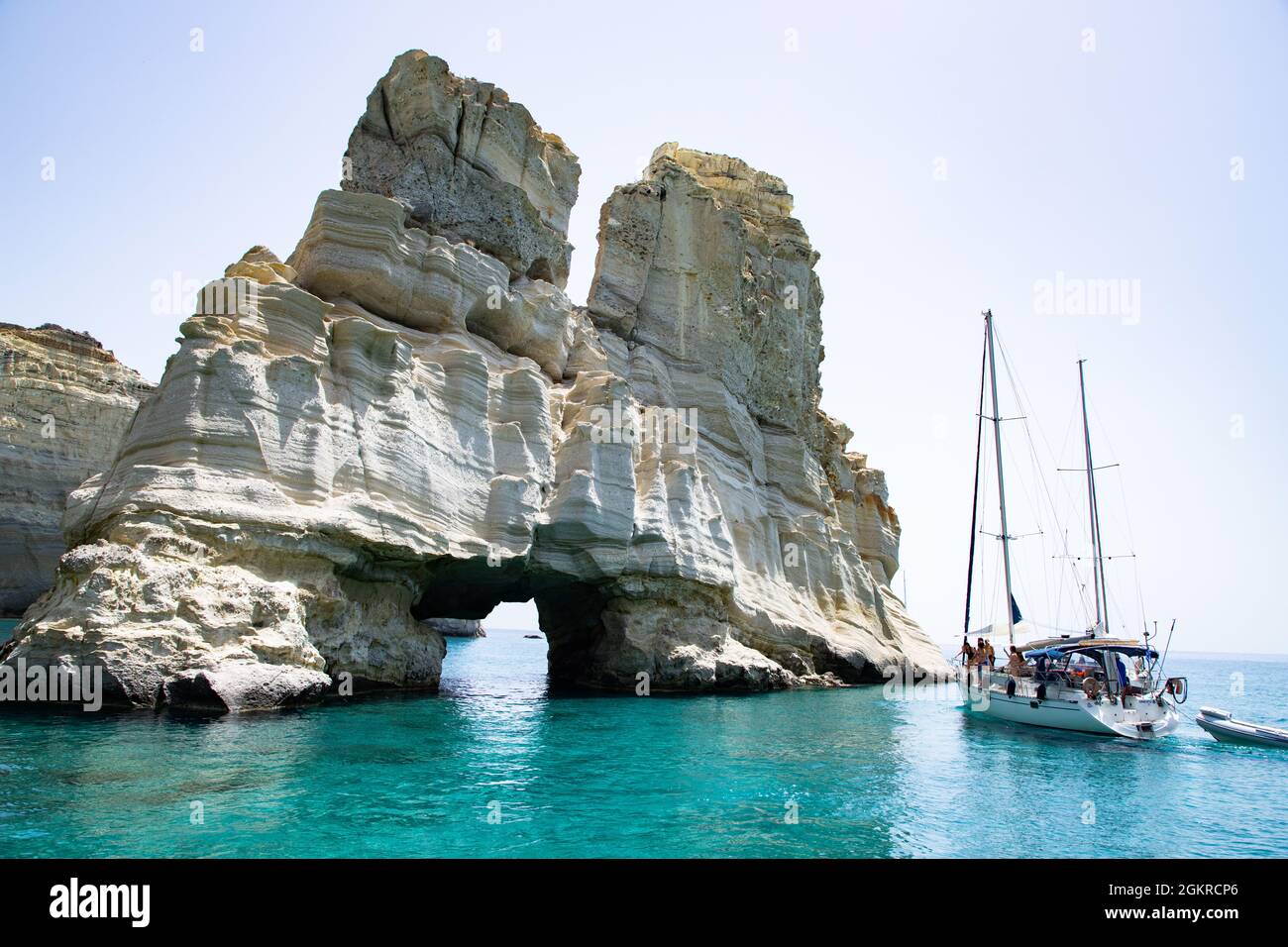 Tour boats in Kleftiko Bay, white cliffs of Kleftiko, Milos, Cyclades Islands, Greek Islands, Aegean Sea, Greece, Europe Stock Photo