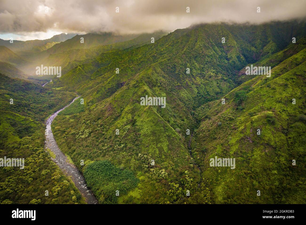 The mountainous Hanalei River Valley on Kauai's north shore photographed from above, Kauai, Hawaii, United States of America, Pacific Stock Photo
