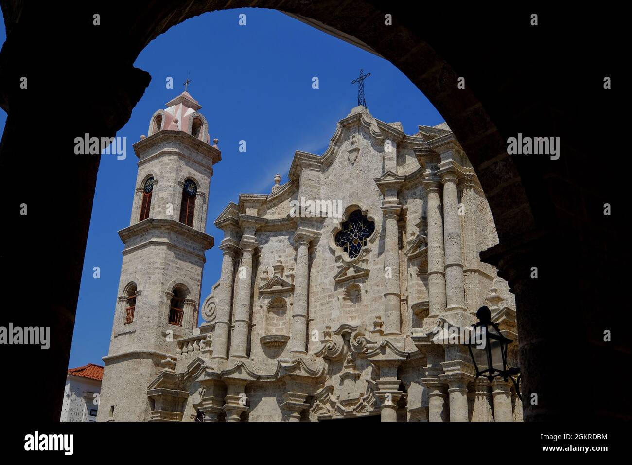 Historic church framed by an archway, Old Havana, Cuba, West Indies, Central America Stock Photo