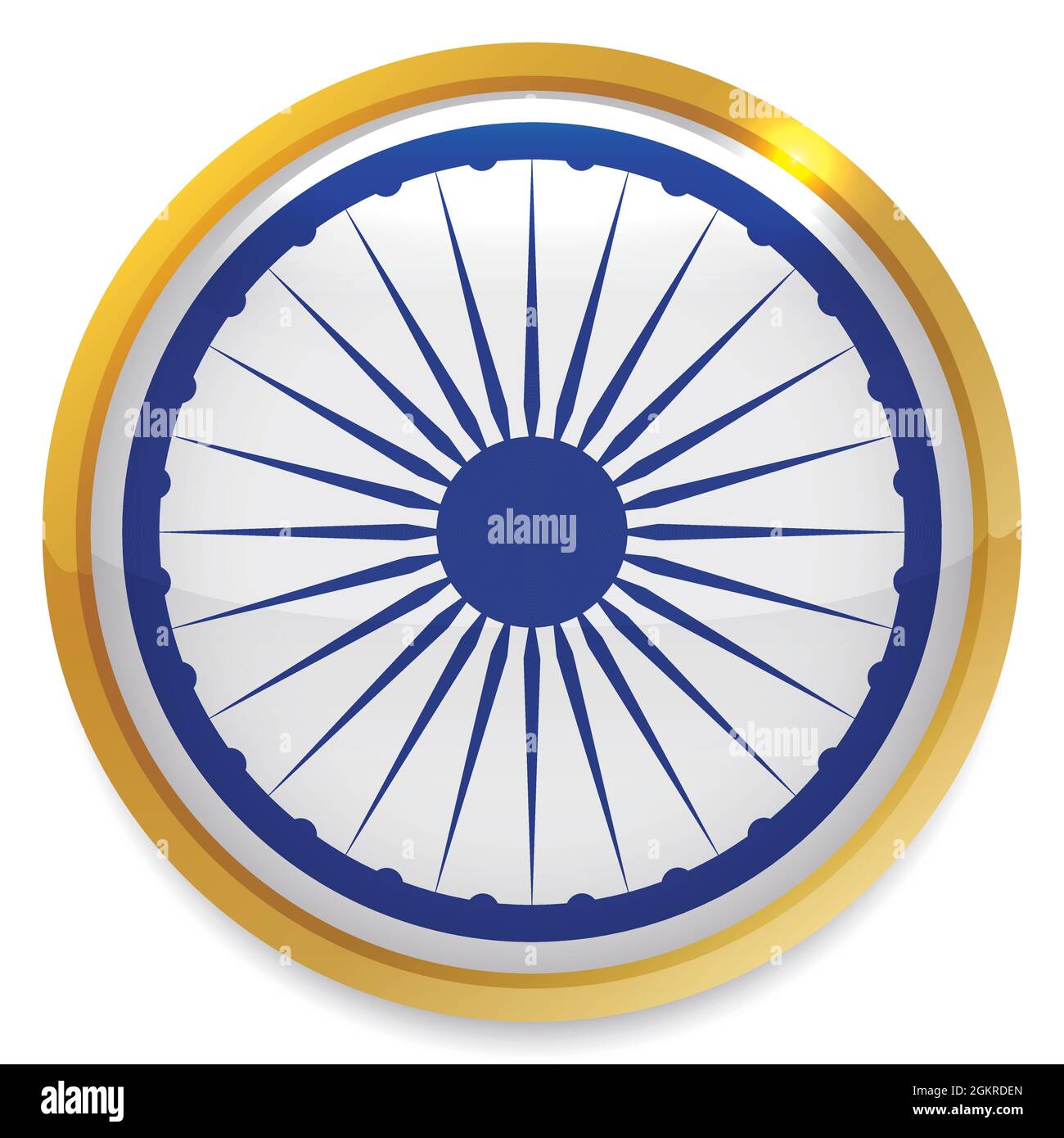 Round button with golden frame and blue Ashoka Chakra wheel inside of it. Stock Vector