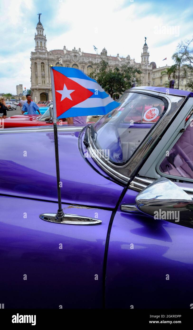 Cuban flag on antenna of vintage car, Havana, Cuba, West Indies, Central America Stock Photo