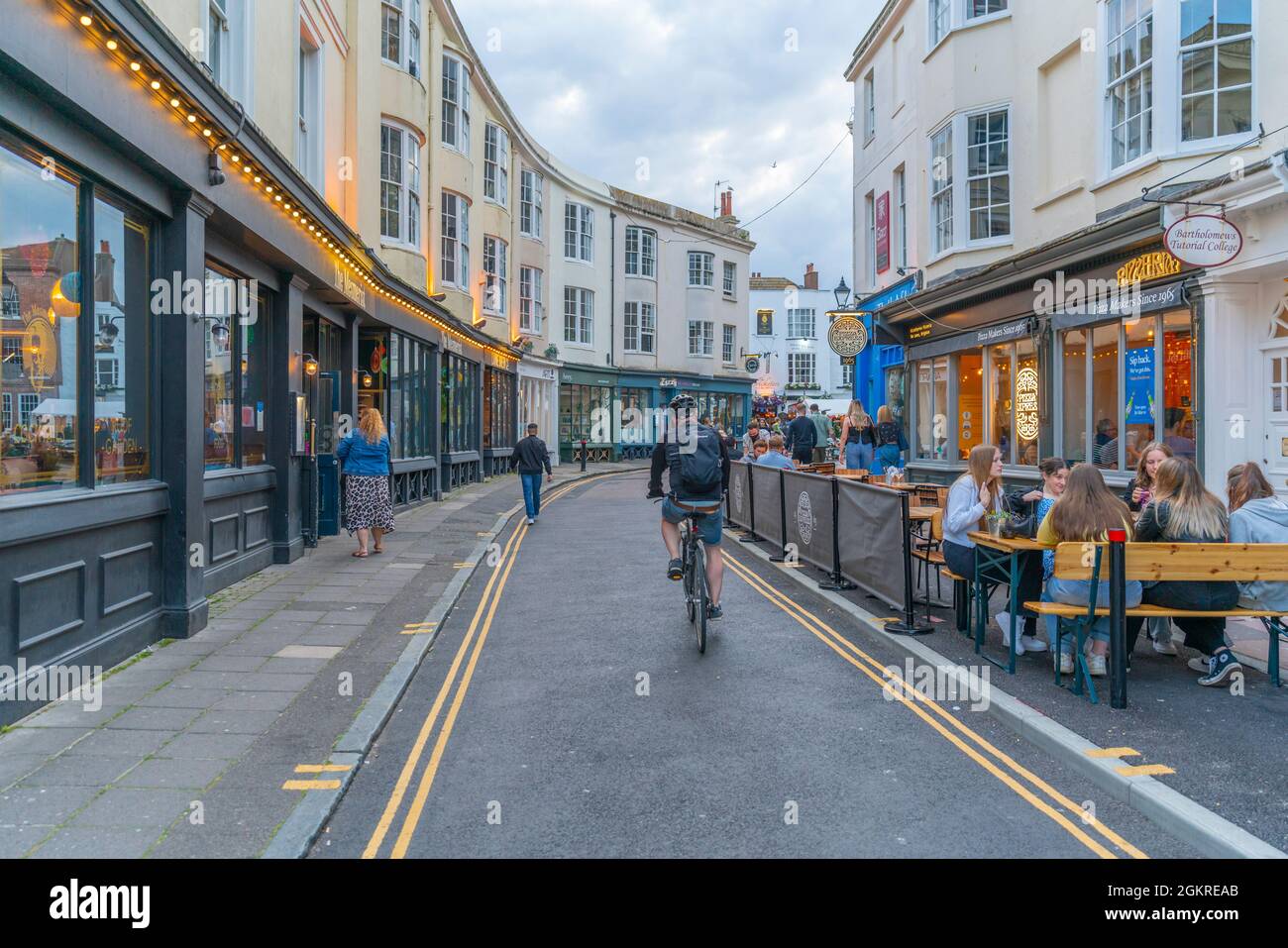 View of cafes and restaurants, Alfresco dining in The Lanes at dusk, Brighton, Sussex, England, United Kingdom, Europe Stock Photo