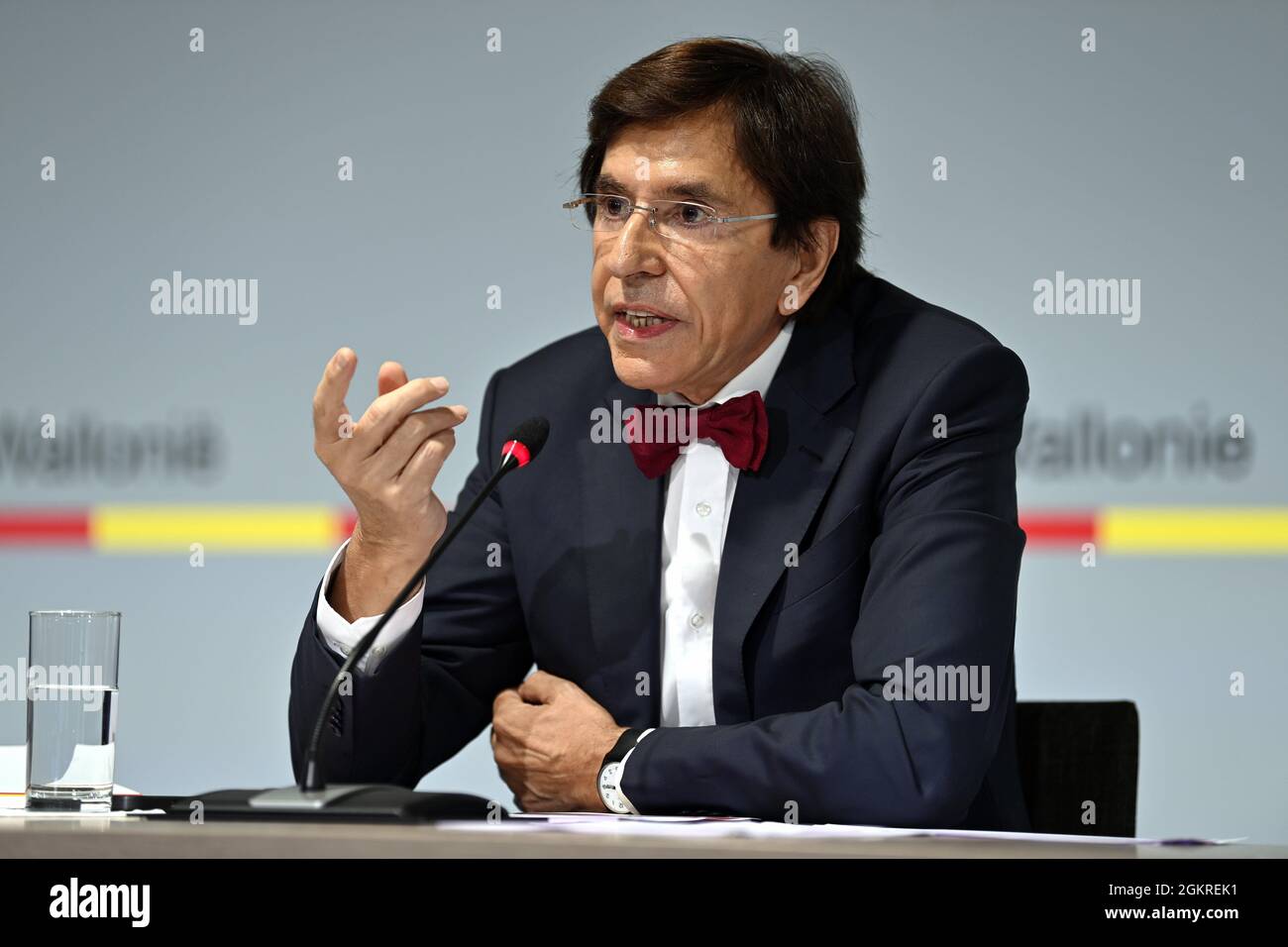Walloon Minister President Elio Di Rupo pictured during a press conference of Walloon government to present aditional measures to help victims of this Stock Photo