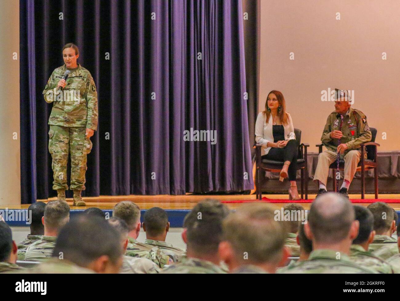 97-year-old WWII veteran Sgt. Dan McBride visits Fort Campbell, Ky., June 21st, 2021, during Week of the Eagle to share his experiences from D-Day, Market Garden, and Battle of the Bulge with the current Soldiers of the 502nd Infantry Regiment, 2nd Brigade Combat Team, 101st Airborne Division (Air Assault), McBride’s formed regiment, and the very first infantry regiment of the 101st.   “If I could, I would do it all again under the same conditions,” said McBride. “I’d   reenlist right now if they’d let me!” Stock Photo