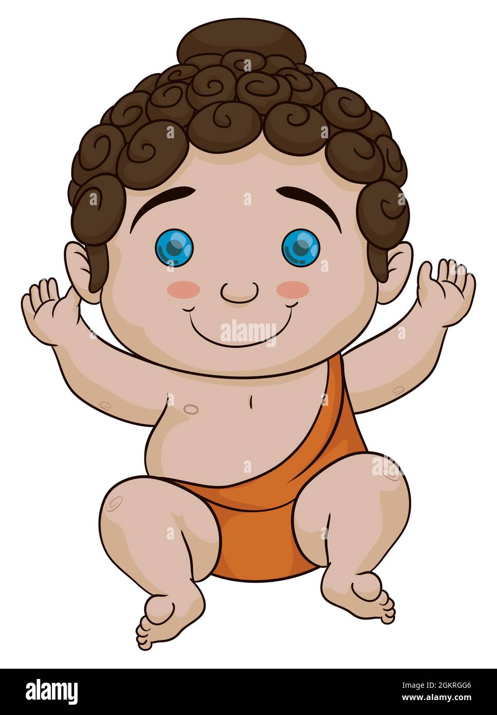 Cute baby Buddha with blue eyes, wearing a orange kasaya. Design in cartoon style, isolated over white background. Stock Vector