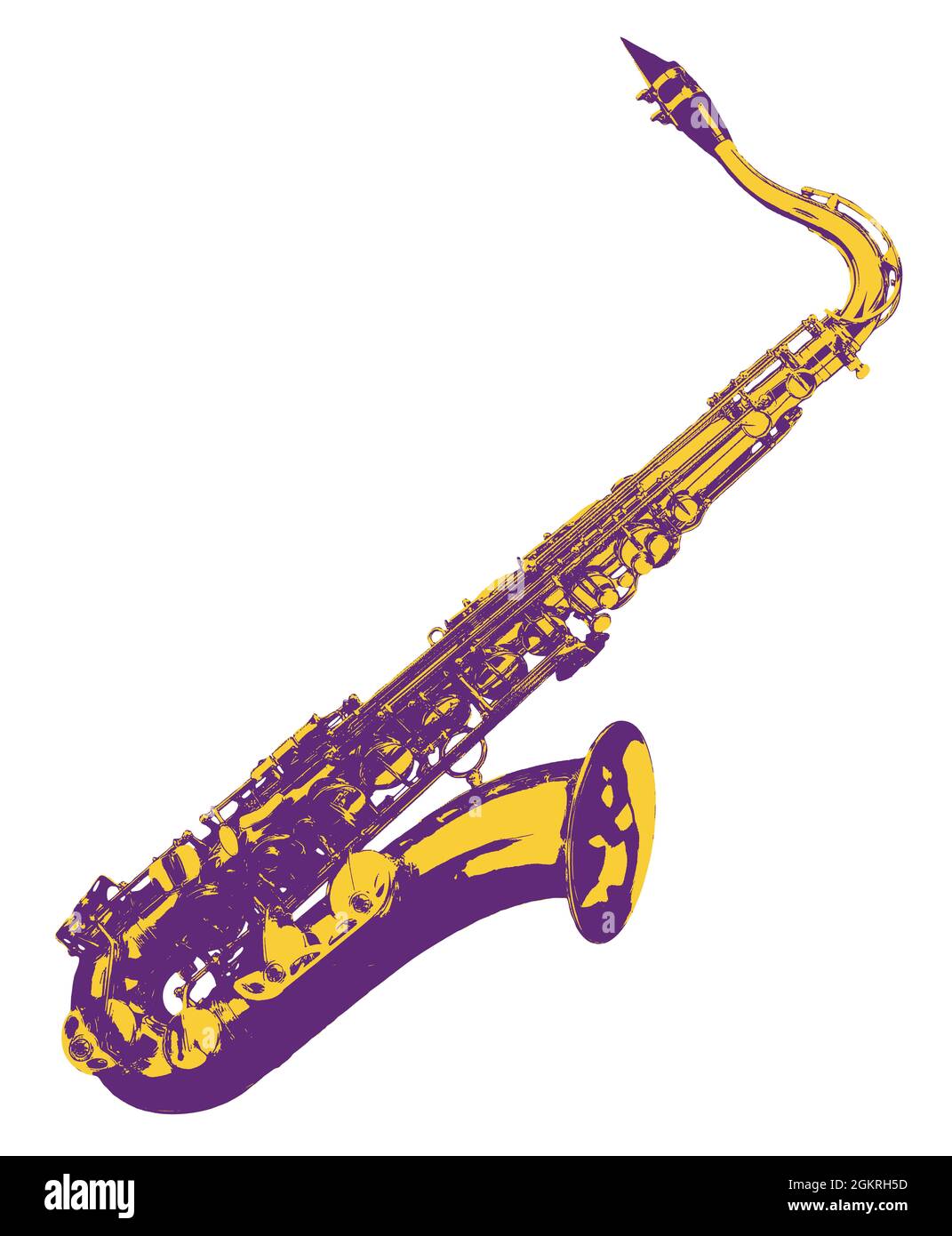 Purple and yellow duotone image in of a tenor saxophone, isolated on a