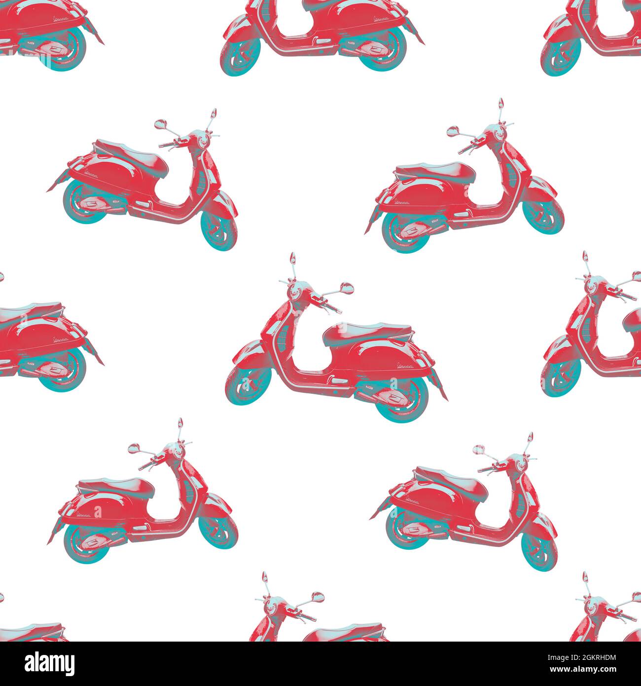 Seamless repeating design of a red and cyan duotone image of a Vespa motor scooter isolated on a white background, with clipping path Stock Photo