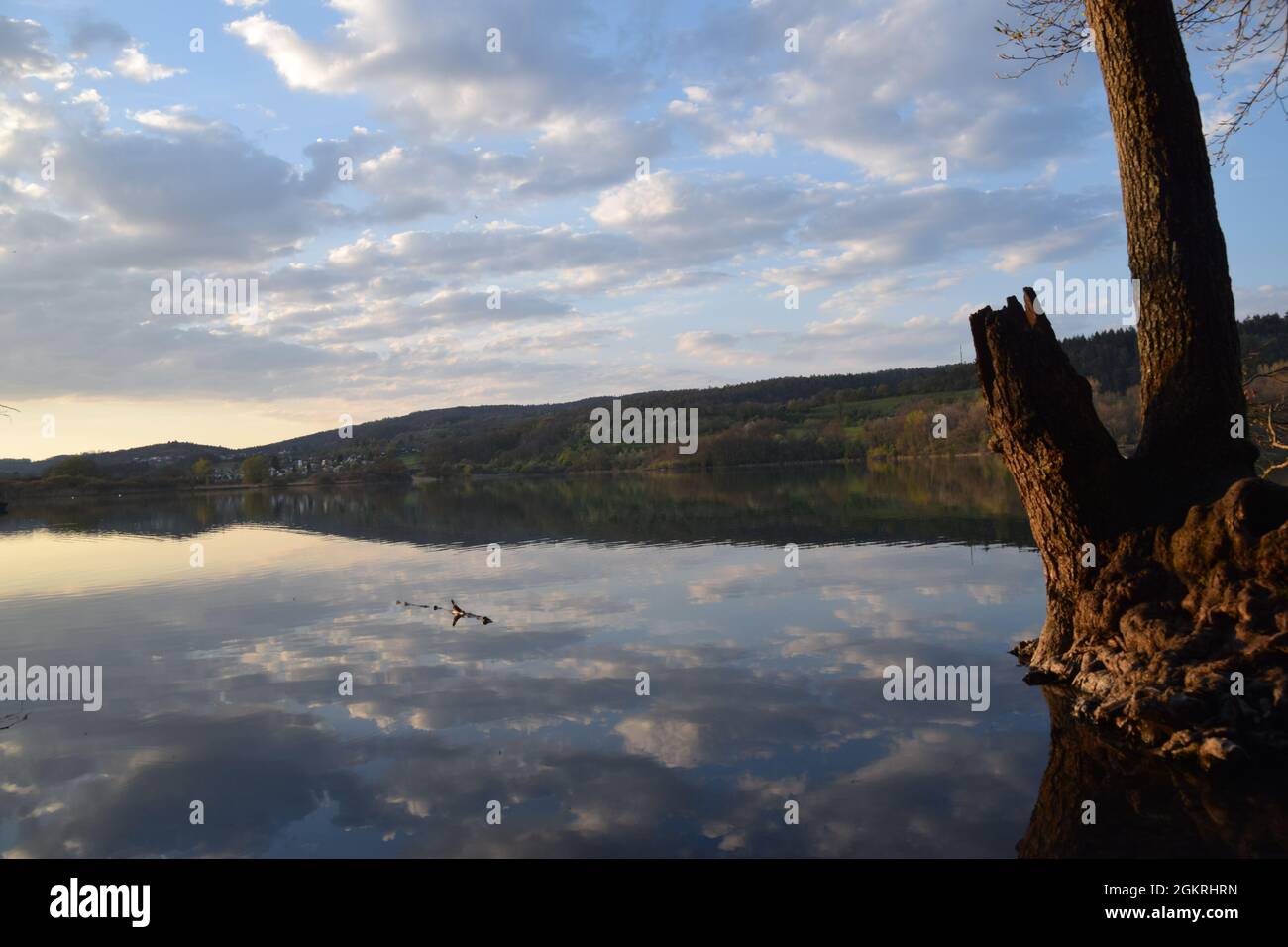Sonnenuntergang mit wolken und einem baum im wasser gespiegelt am mindelsee bei radolfzell bodensee lake of constance fotografiert mit der nikond3300 Stock Photo