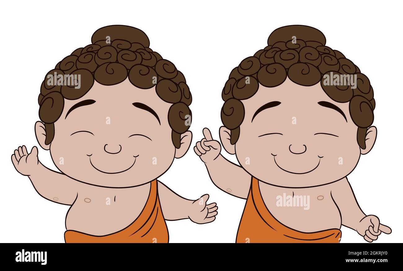 Two smiling Buddha's babies with different hands poses: one with open arms and the other pointing heaven and earth in flat colors and cartoon style. Stock Vector