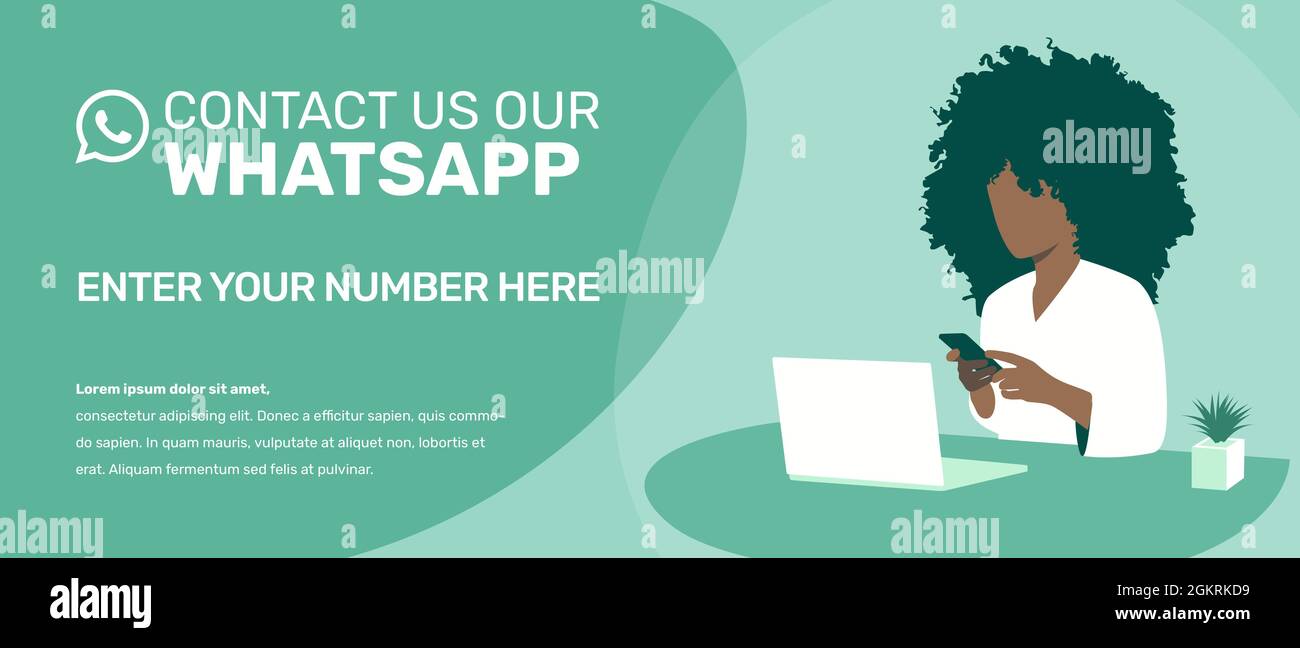 Whatsapp banner template. Contact us on our whats app number. Illustration of a black woman with a phone and laptop. Stock Vector