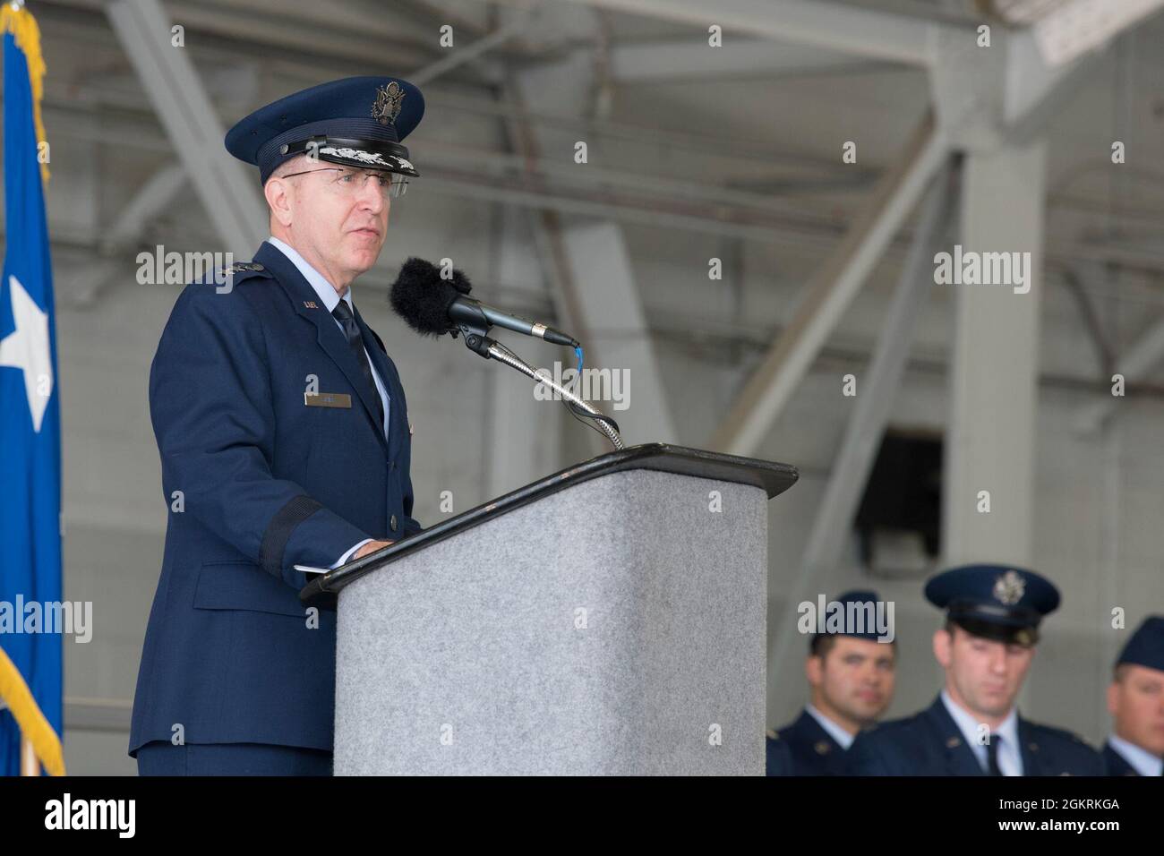 U.S. Air Force Lt. Gen. Jim Slife, commander of Air Force Special Operations Command, provides remarks during a ceremony at Hurlburt Field, Florida, June 22, 2021. Slife recognized the valorous efforts of an AC-130J Ghostrider crew by presenting five of them the Distinguished Flying Cross and the remaining crew members with an Air Medal. Stock Photo