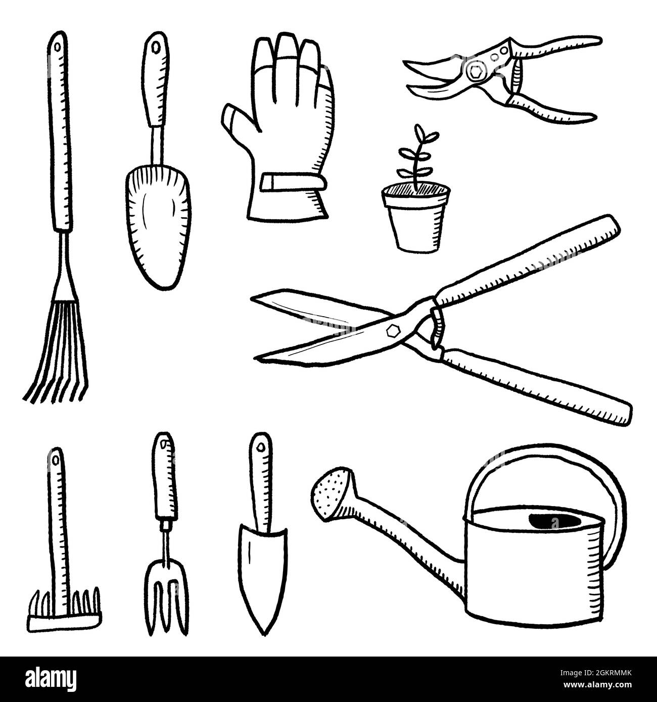 Gardening tools doodle style illustration. Garden hobby equipment isolated vector objects. Stock Vector