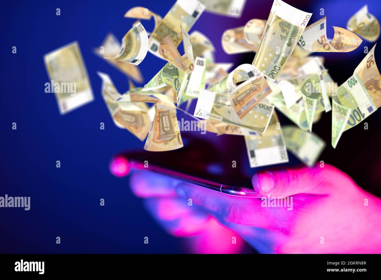 3d rendering of euro banknotes over a smartphone in hands under purple ...