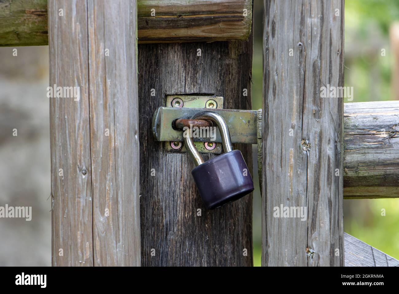 The padlock locked on a gate in a wooden fence Stock Photo Alamy