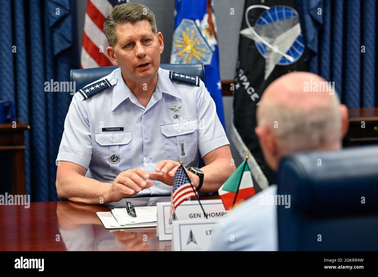 Vice Chief of Space Operations Gen. David Thompson speaks with Lt. Gen. Luca Goretti, vice air chief of the Italian air force, during a meeting at the Pentagon, Arlington, Va., June 23, 2021. Thompson and Goretti discussed bilateral space cooperation between their military services. Stock Photo