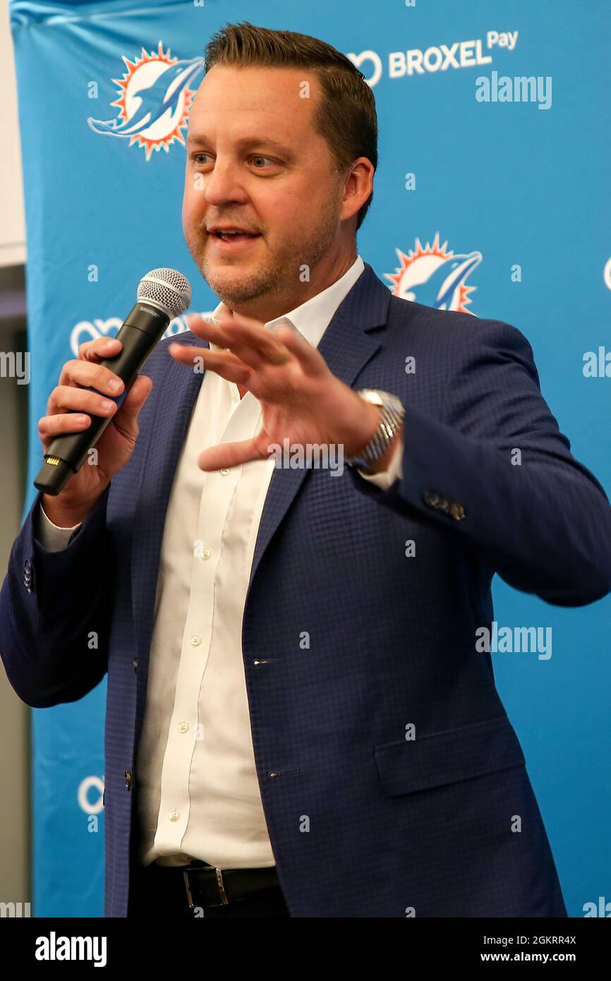 Miami, FL. USA; September 14, 2021; Tuesday, September 14, 2021; Miami, FL.  USA; Miami Dolphins Senior Vice President and Chief Revenue Officer, Jeremy  Walls, addresses the media to announce the new partnership