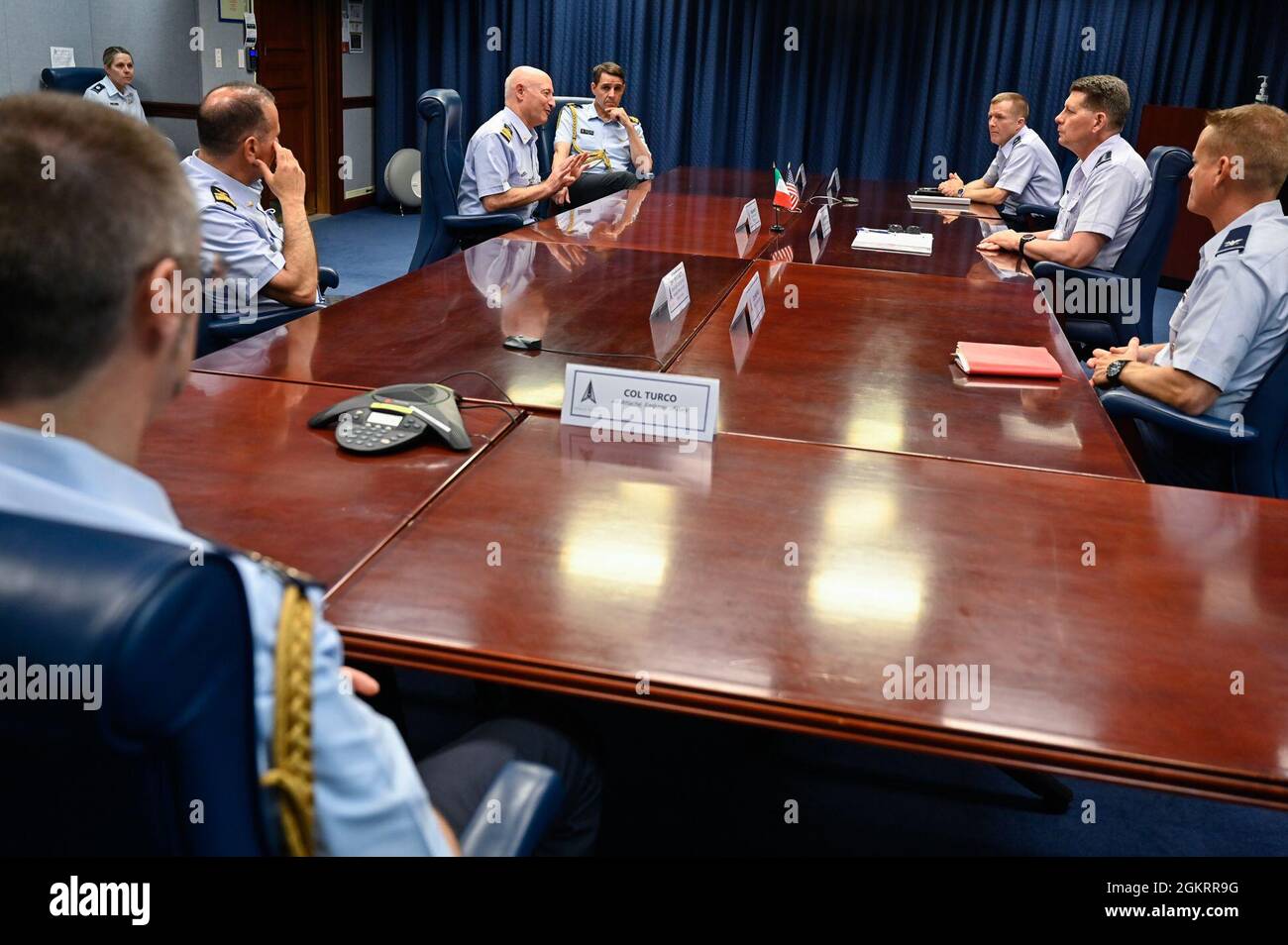 Lt. Gen. Luca Goretti, vice air chief of the Italian air force, speaks with Vice Chief of Space Operations Gen. David Thompson during a meeting at the Pentagon, Arlington, Va., June 23, 2021. Goretti and Thompson discussed bilateral space cooperation between their military services. Stock Photo