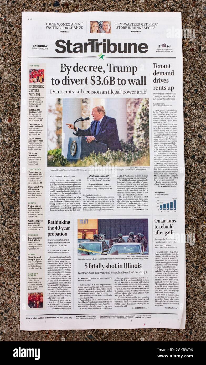 Front page of the StarTribune Newspaper showing that Trump diverted funds for the wall. St Paul Minnesota MN USA Stock Photo