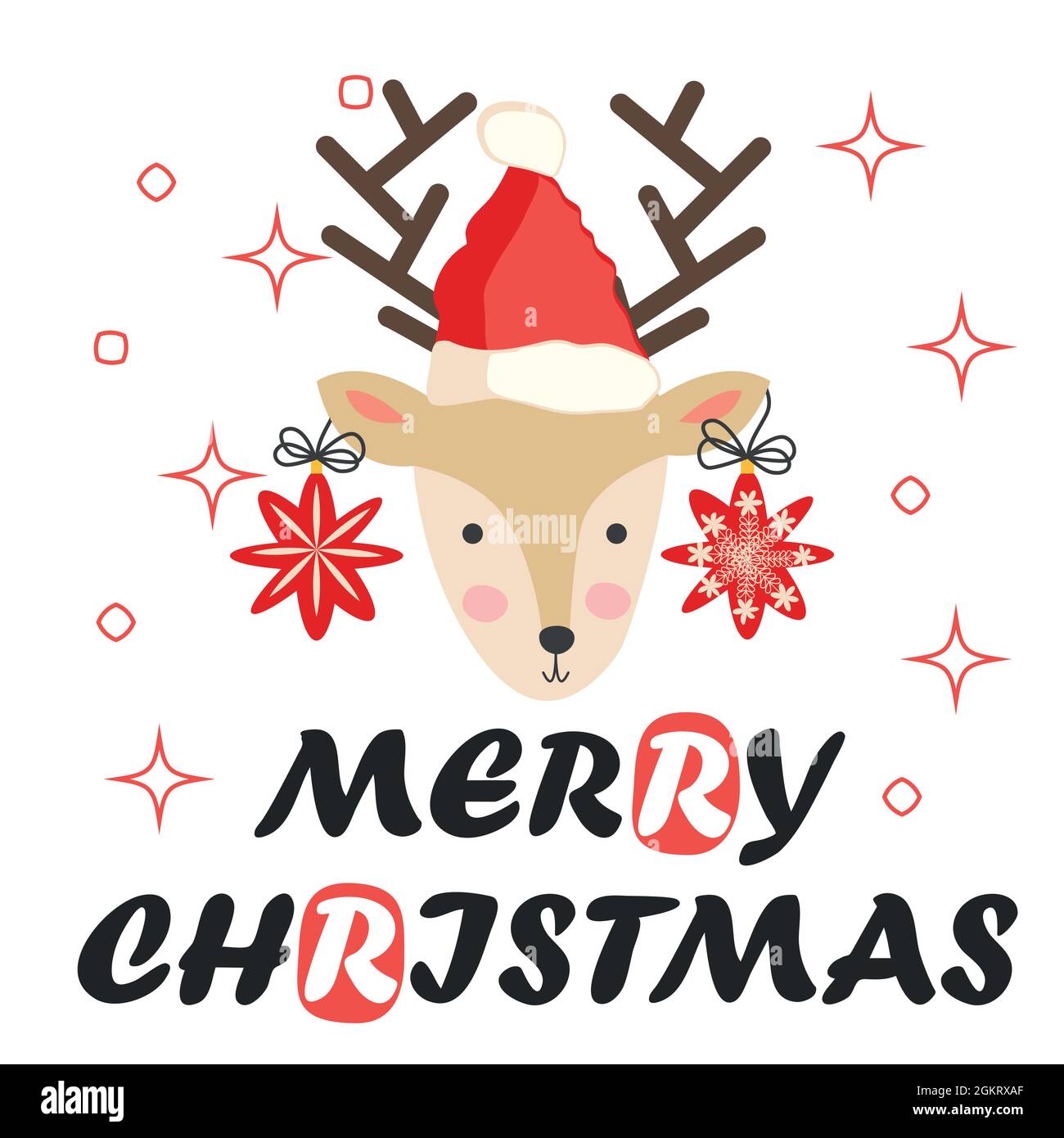 Reindeer with Christmas stars on its horns and a santa claus hat ...