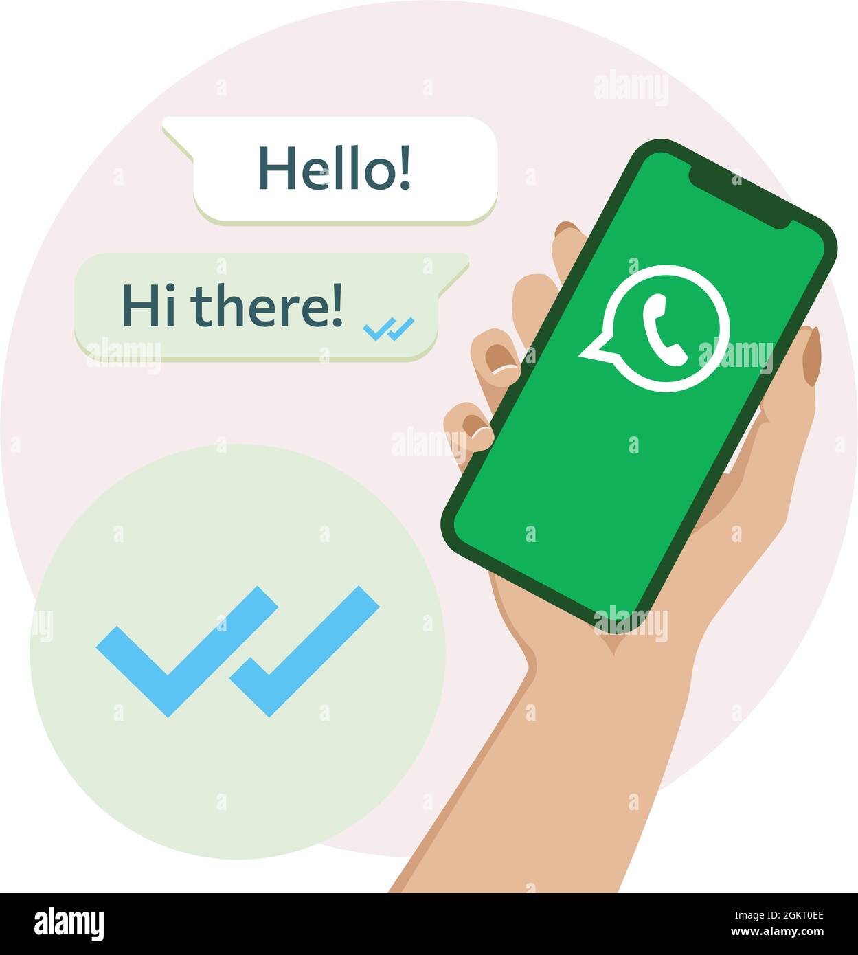 Hand of woman holding smartphones with Whatsapp chat screen. Double check concept. Vector illustration. Flat colors. Stock Vector