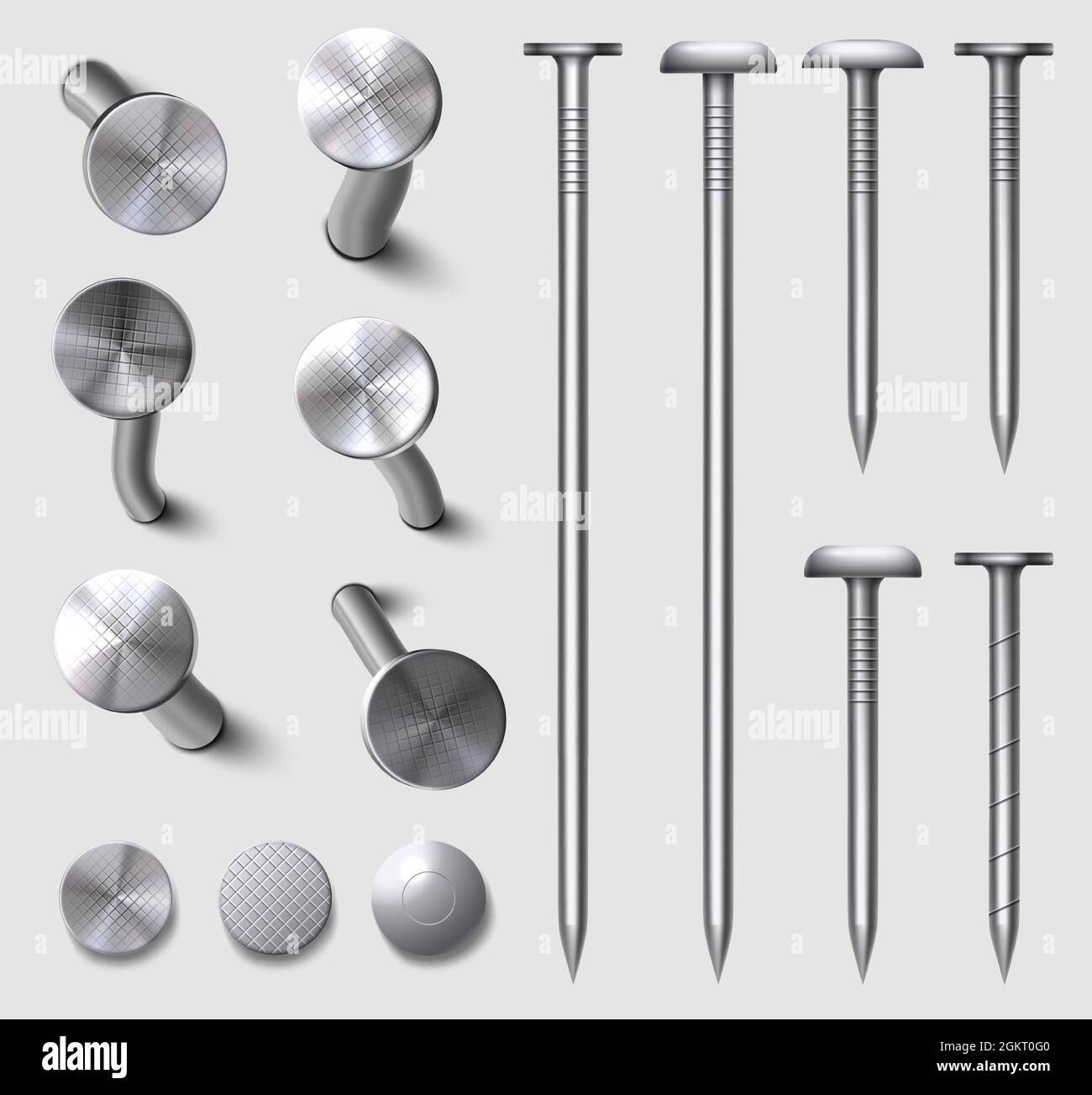 Realistic 3d straight and bent metal nails in wall. Hammered steel and iron curved nail pins and heads top view. Metallic hardware vector set Stock Vector