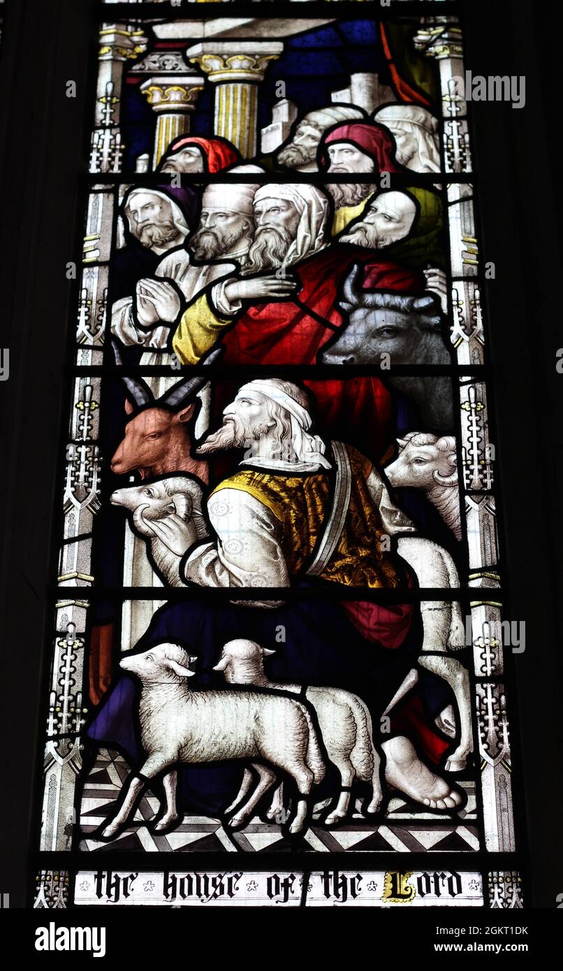Stained glass window in St James' Church in Louth, showing beautiully painted characters and animals. Louth, Lincolnshire, UK Stock Photo