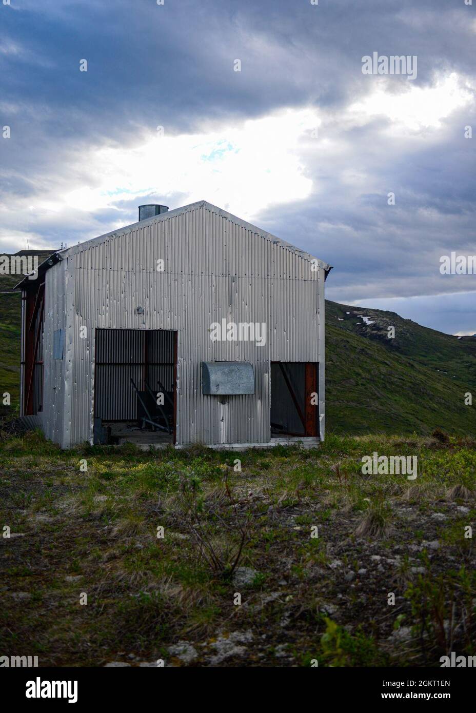 An abandoned storage house at the Nike Site Summit, Joint Base Elmendorf-Richardson, Alaska, on June 24, 2021. Nike Site Summit is a former U.S. Army Nike Hercules missile installation that sits atop Mount Gordon Lyon, east of Joint Base Elmendorf-Richardson. Stock Photo