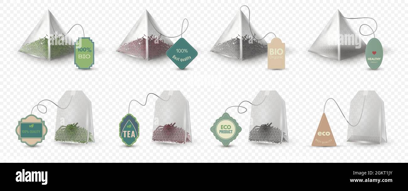 Realistic pyramid and rectangular green, red and black tea bags with tags. Empty 3d teabag mockup with labels for herbal beverage vector set Stock Vector