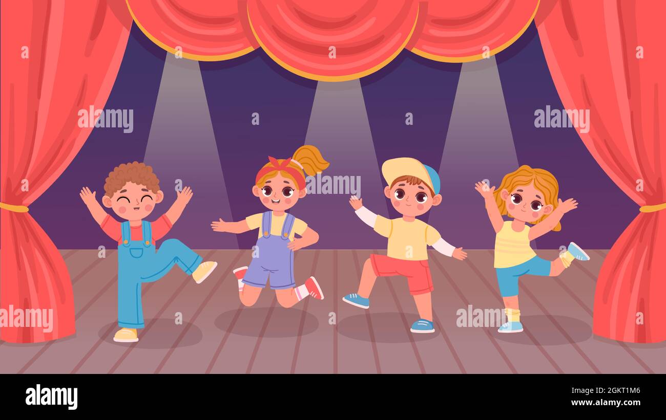 Cartoon kids performing dance on theatre stage with curtain. Kindergarten boys and girls group activity. Children dance show vector concept Stock Vector