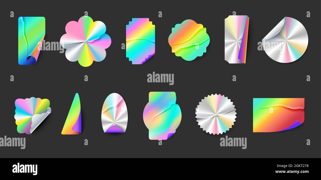Wrinkled hologram label stickers with folds and peel edges. Square, round and star holographic metal seal. Neon shiny foil emblem vector set Stock Vector
