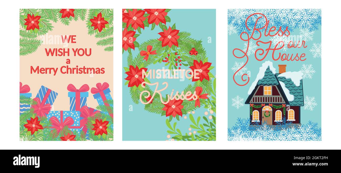 Set of three cards for christmas with different inscriptions, wishes
