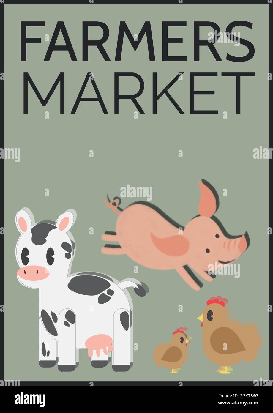 Farmers market text over cow, pig and chicken icons on green background Stock Photo