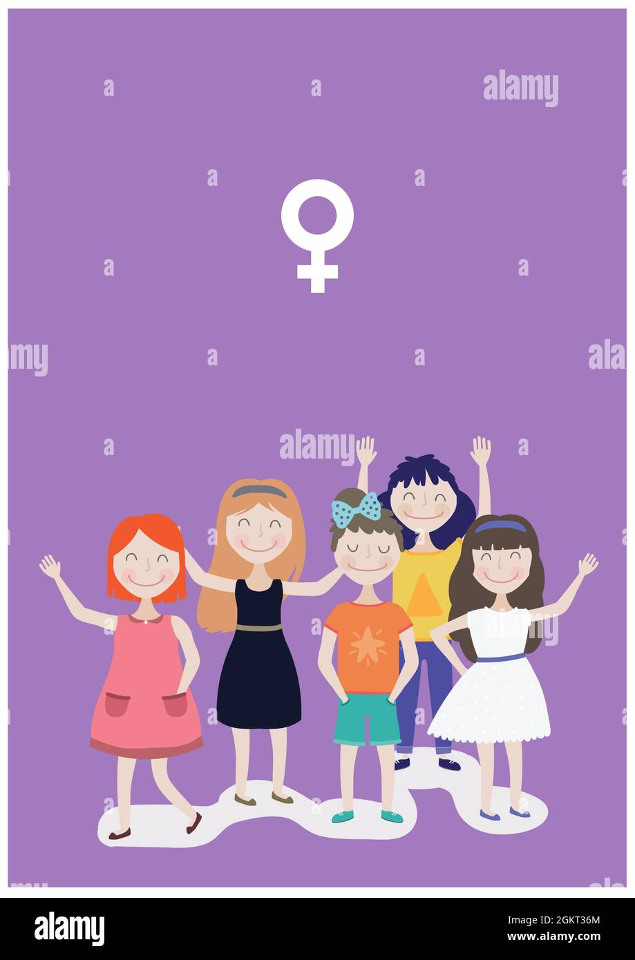 Female gender symbol icon over multiple women icons against purple background Stock Photo