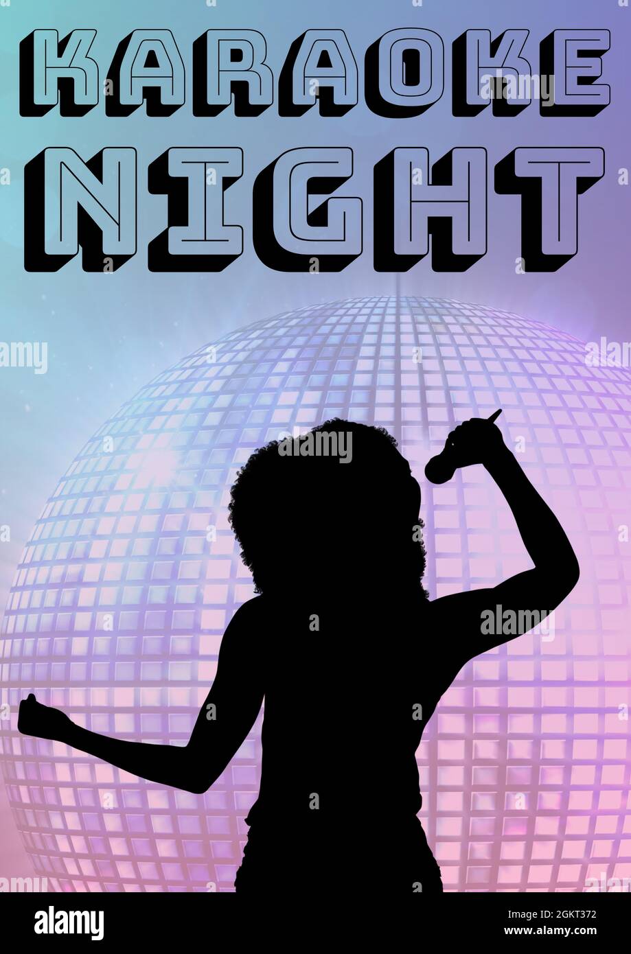 Karaoke night text over silhouette of female singer singing against disco ball on blue background Stock Photo