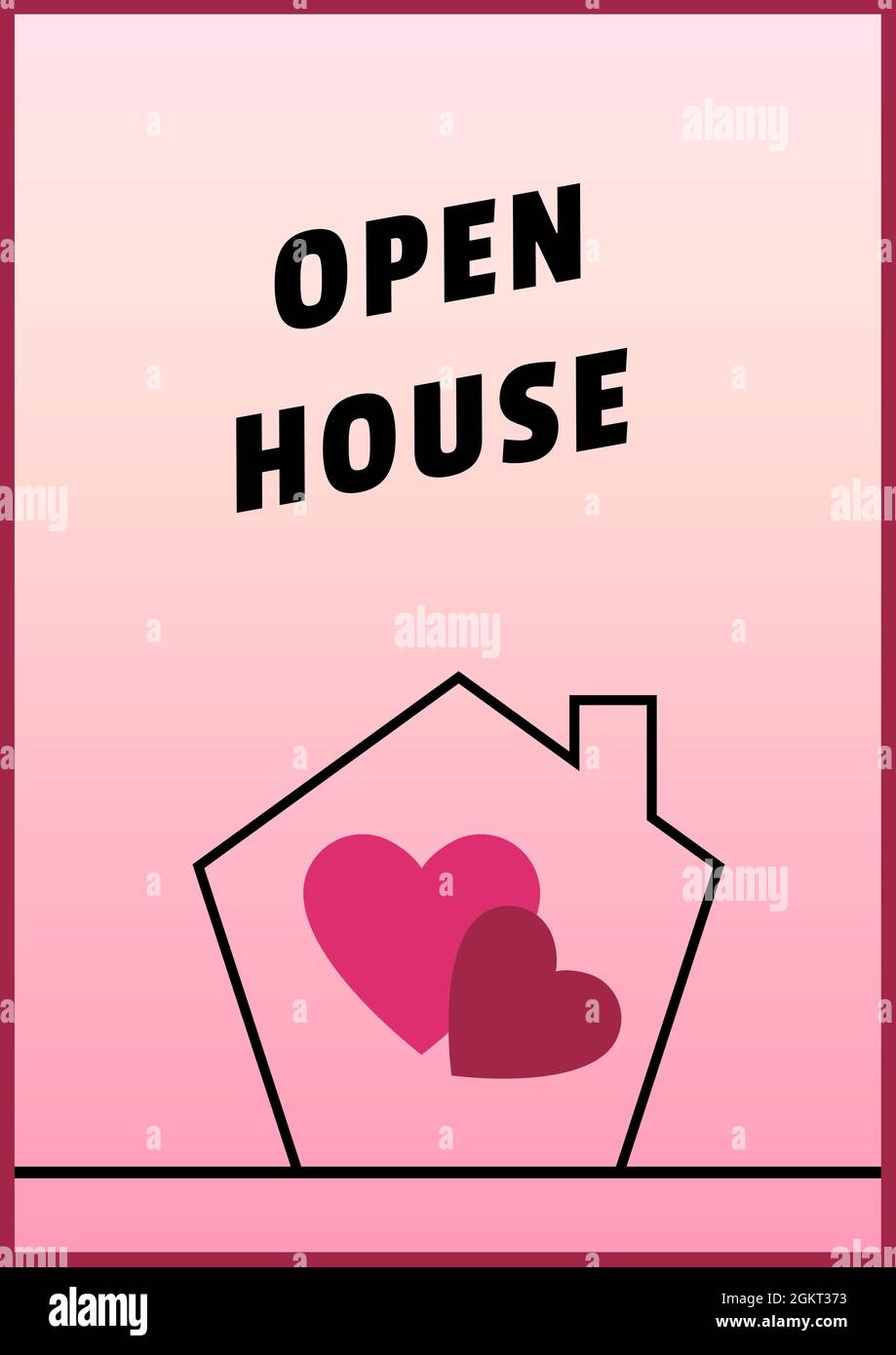 Digitally generated image of open house text over two hearts in a house icon on pink background Stock Photo