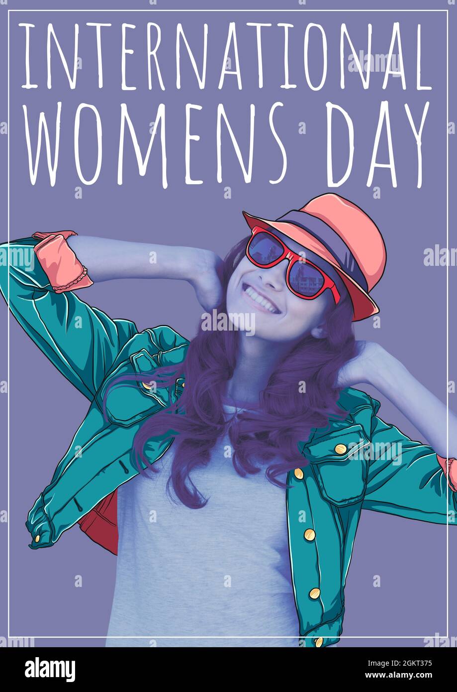 International women's day text over woman wearing glasses smiling against purple background Stock Photo