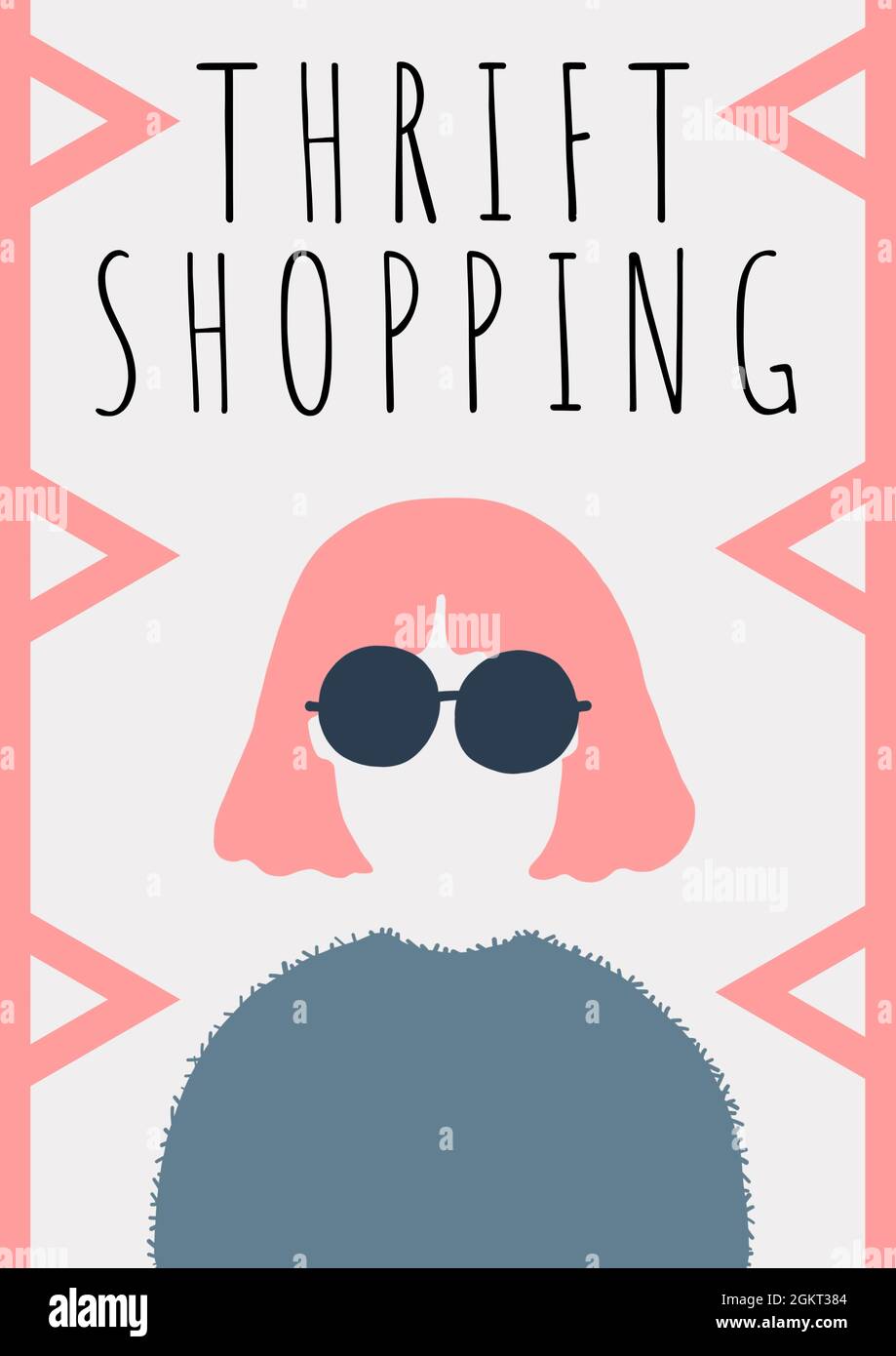 Thrift stopping text over woman wearing sunglasses icon against white background Stock Photo