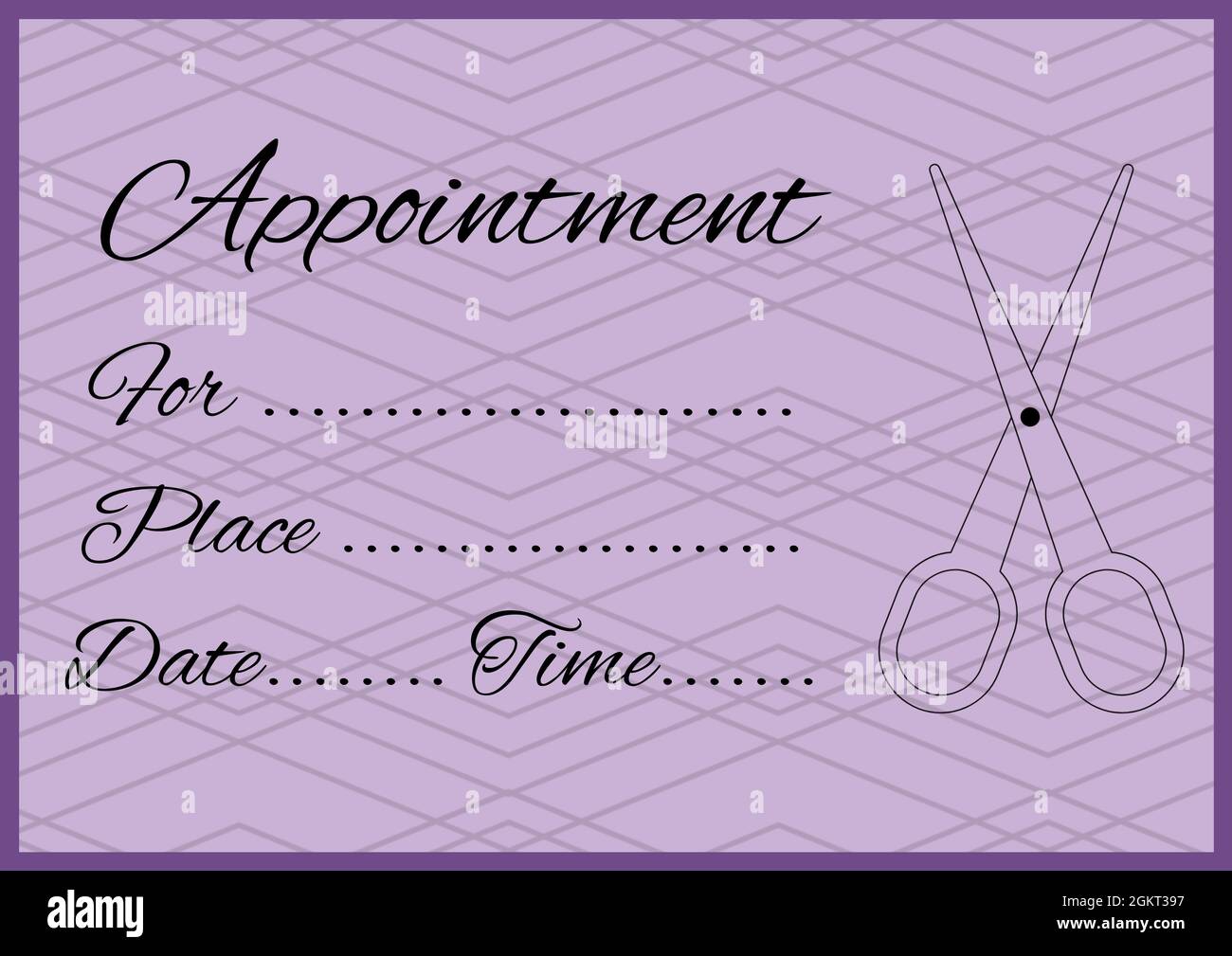 Scissors icon and appointment text with copy space on purple background Stock Photo