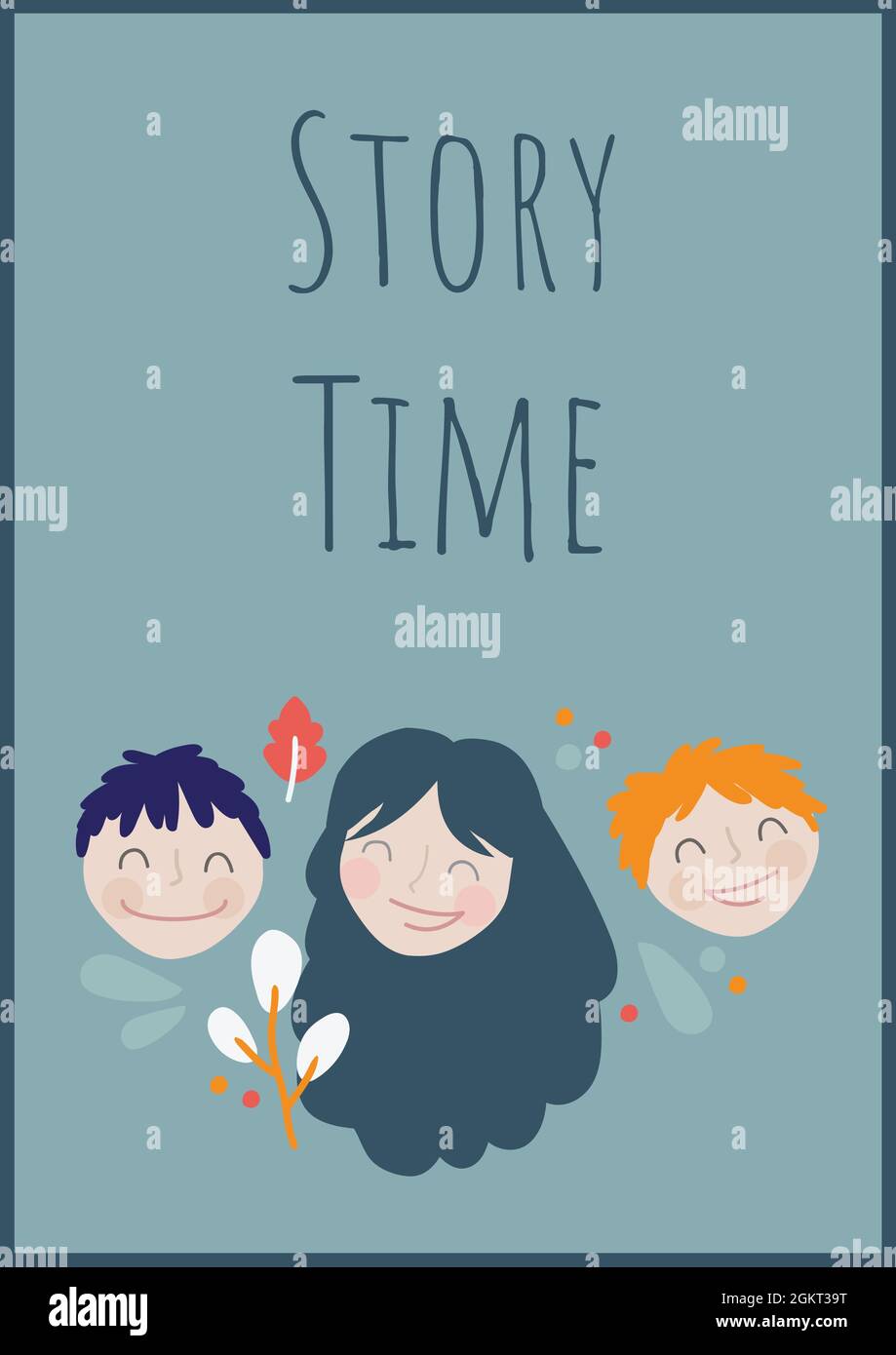 Story time text against woman and two kids icons on green background Stock Photo